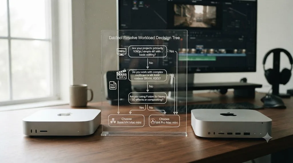 Illustration of a decision tree guiding buyers between a base M4 and M4 Pro Mac mini for DaVinci Resolve