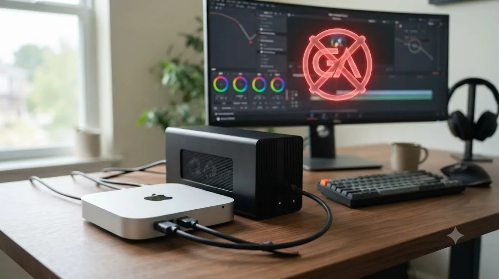 Illustration of an external GPU connected to a Mac mini M4, showing that graphics acceleration is not available