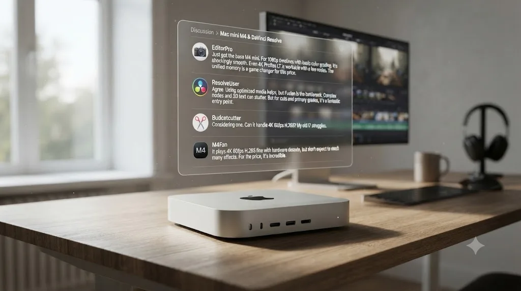 Illustration of a forum discussion thread about running DaVinci Resolve on a base spec Mac mini M4