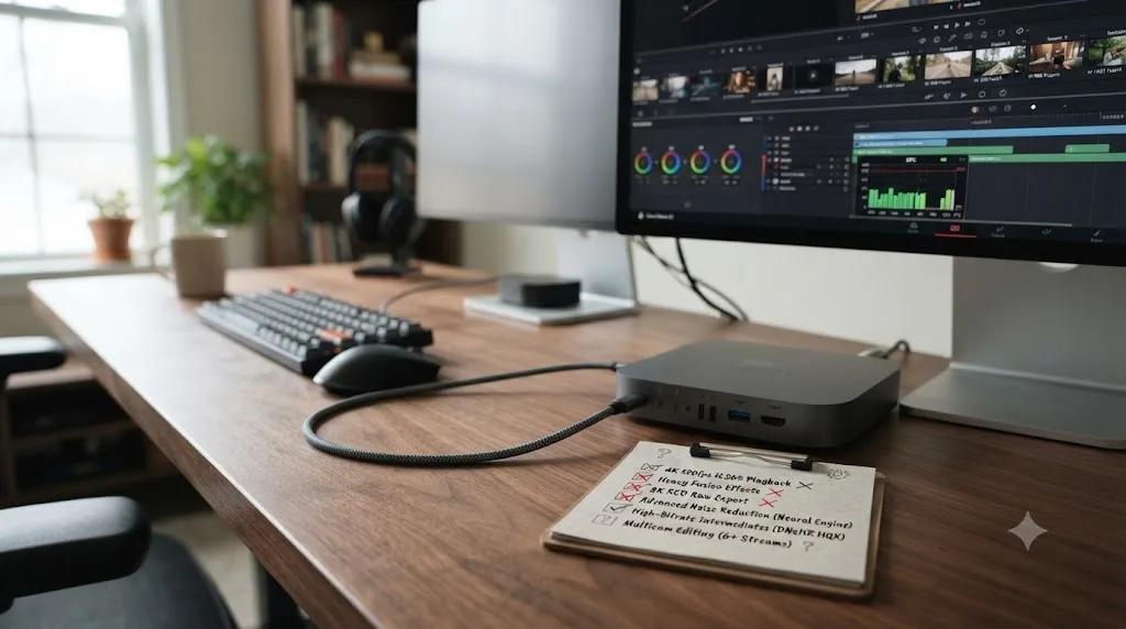 Illustration of a checklist highlighting the honest limits of a Mac mini M4 for DaVinci Resolve