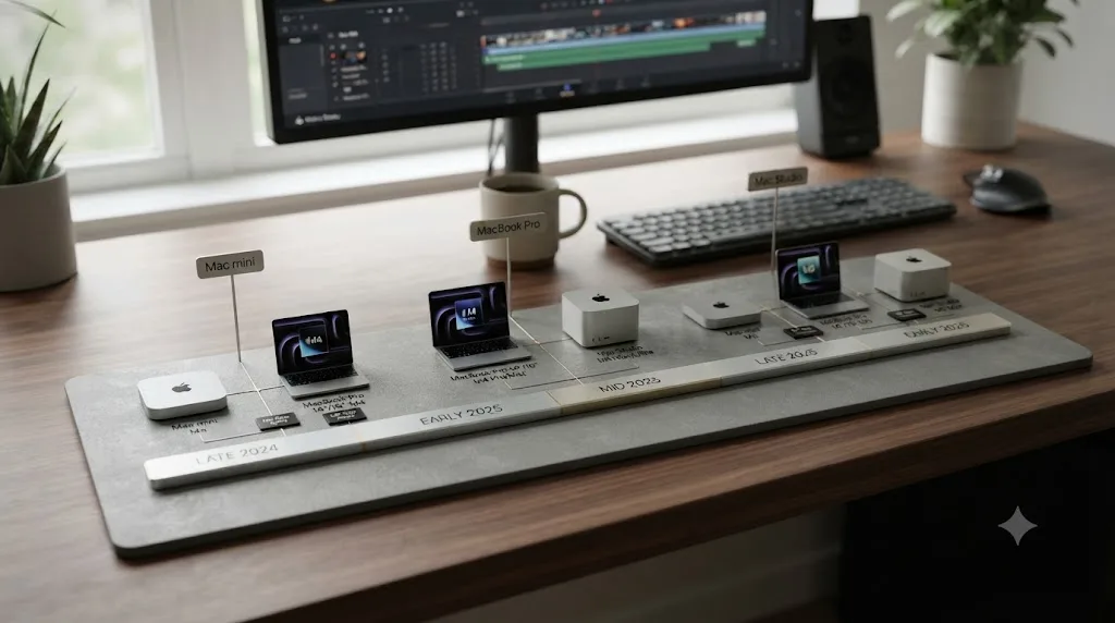 Illustration of a timeline showing Apple's M4 and upcoming M5 chip rollout across Mac product lines