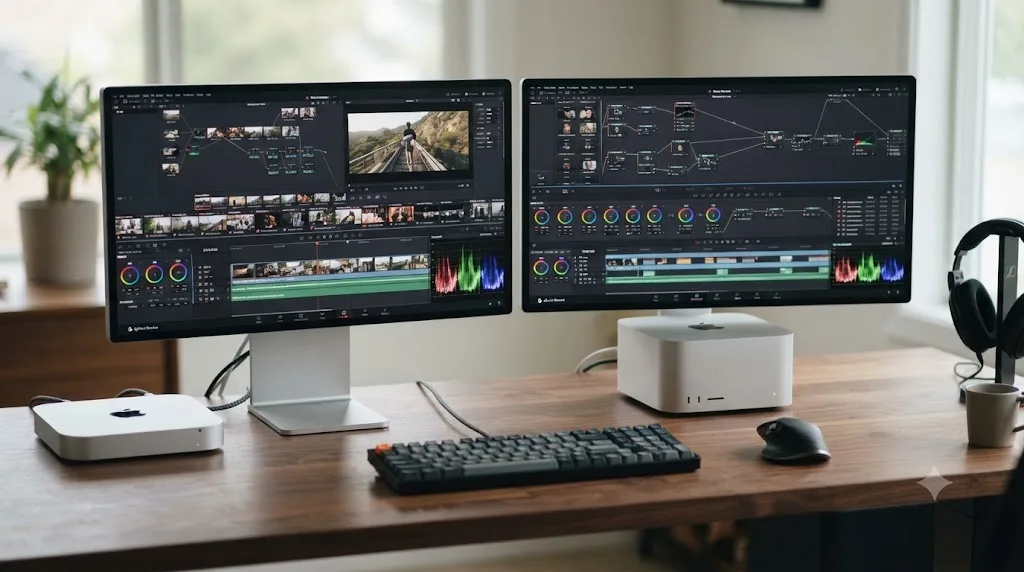 Illustration comparing a Mac mini and a Mac Studio running different DaVinci Resolve workload complexity levels