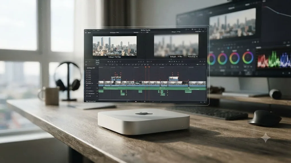 Illustration comparing Blackmagic RAW and R3D footage debayering performance on a Mac mini M4