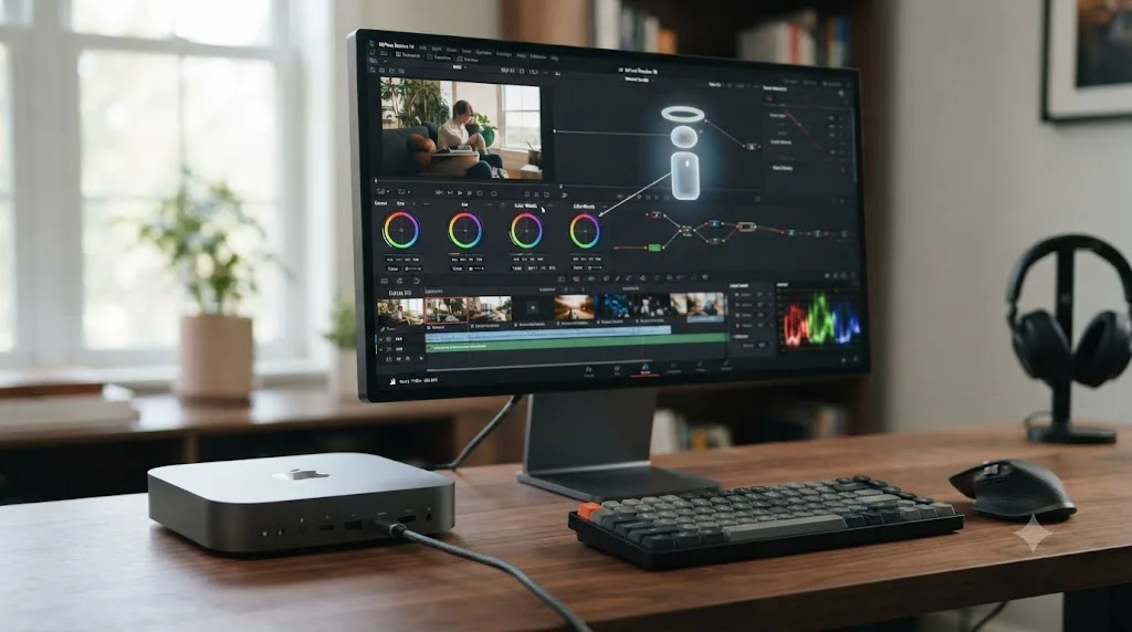 Illustration of a new Mac mini M4 running DaVinci Resolve with an on-screen assistant pointing at a specific control