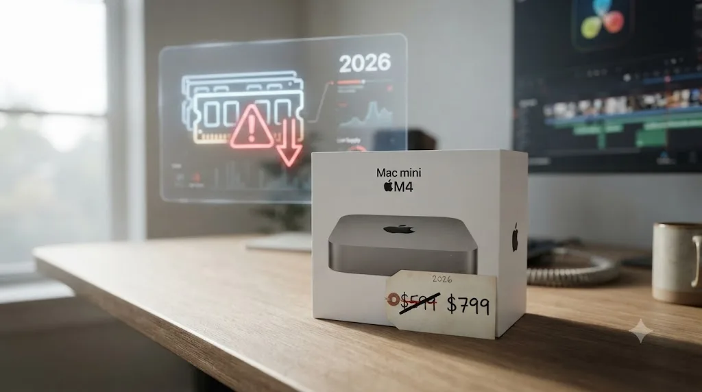 Illustration of a Mac mini M4's price increasing in 2026 alongside a memory chip supply icon
