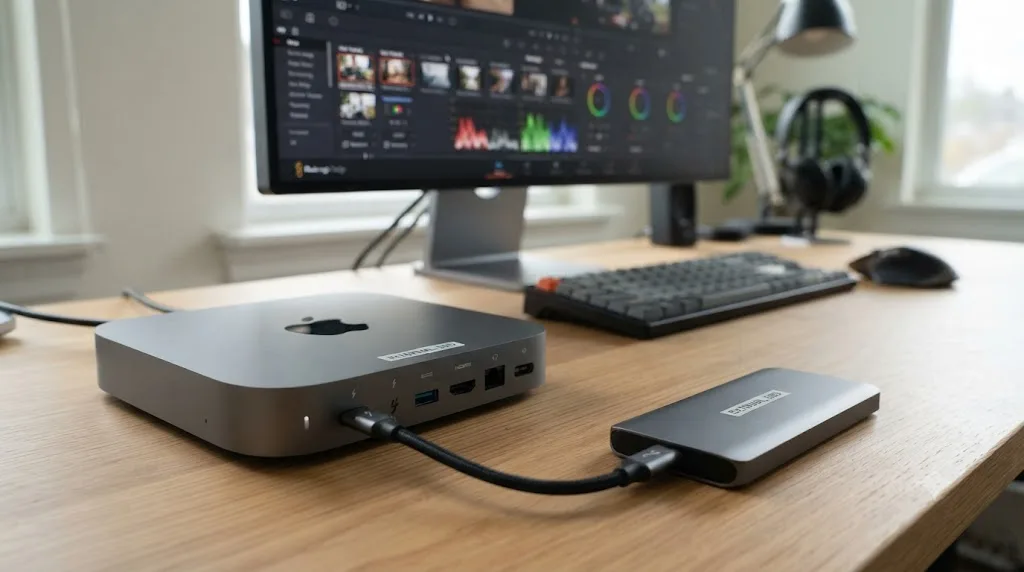 Illustration of a Mac mini M4 connected to an external SSD for DaVinci Resolve project storage
