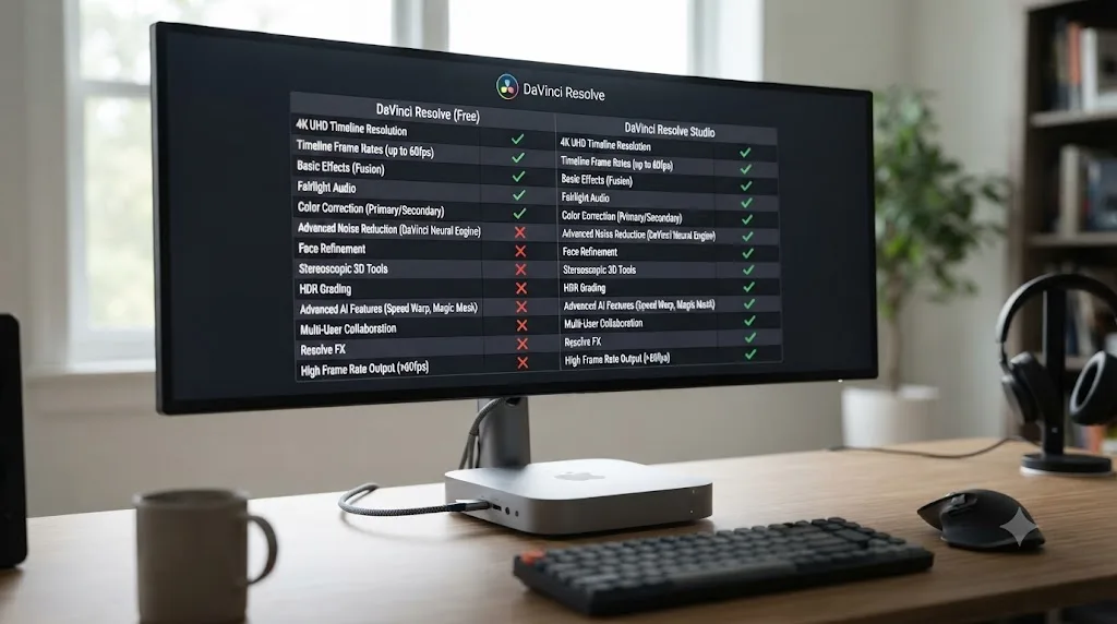Illustration of a comparison table showing DaVinci Resolve free versus Studio features on a Mac mini M4