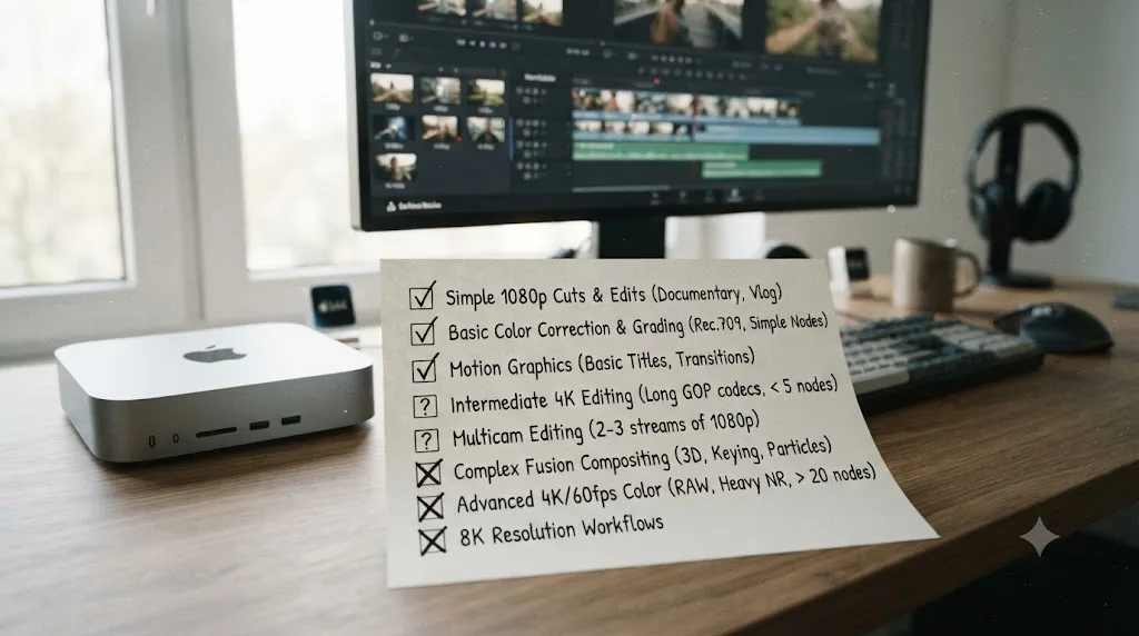 Illustration of a checklist showing which DaVinci Resolve project types suit the base Mac mini M4