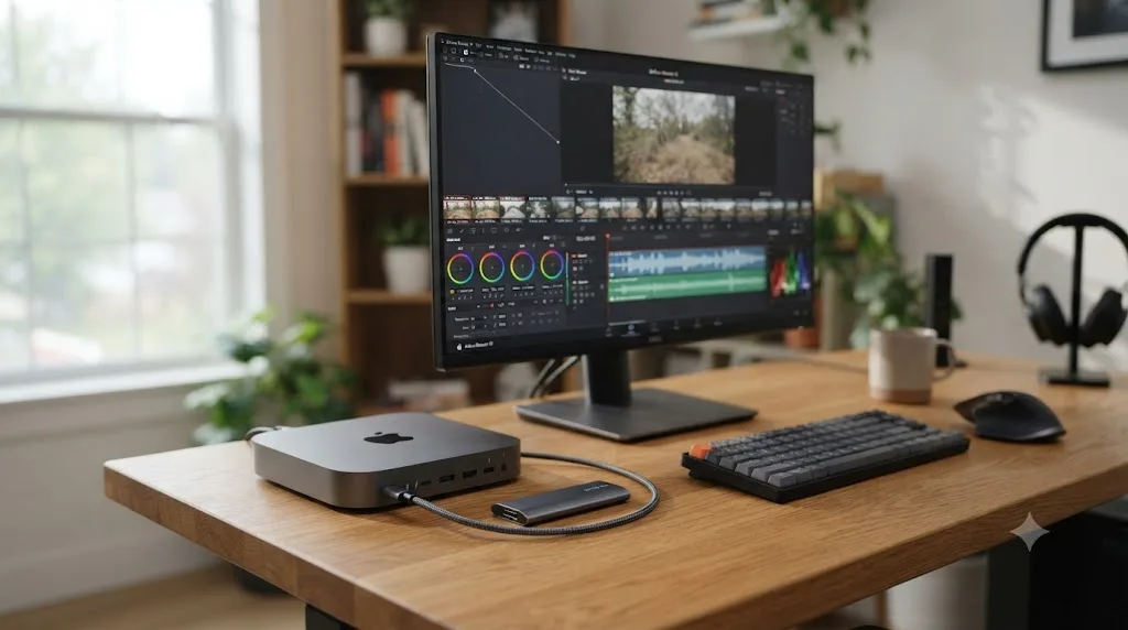 Illustration of a solo creator's desk with a base Mac mini M4 editing a single-camera 4K project