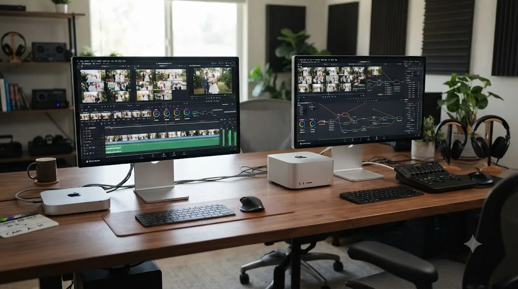 Illustration of a two-person studio comparing an M4 Pro Mac mini against a Mac Studio for multicam event editing