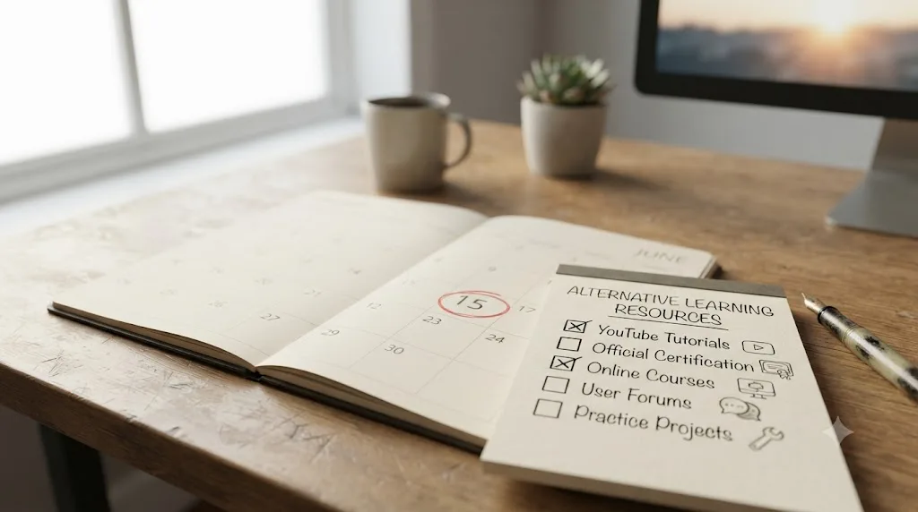 Illustration of a subscription renewal date circled beside a checklist of alternative DaVinci Resolve learning resources