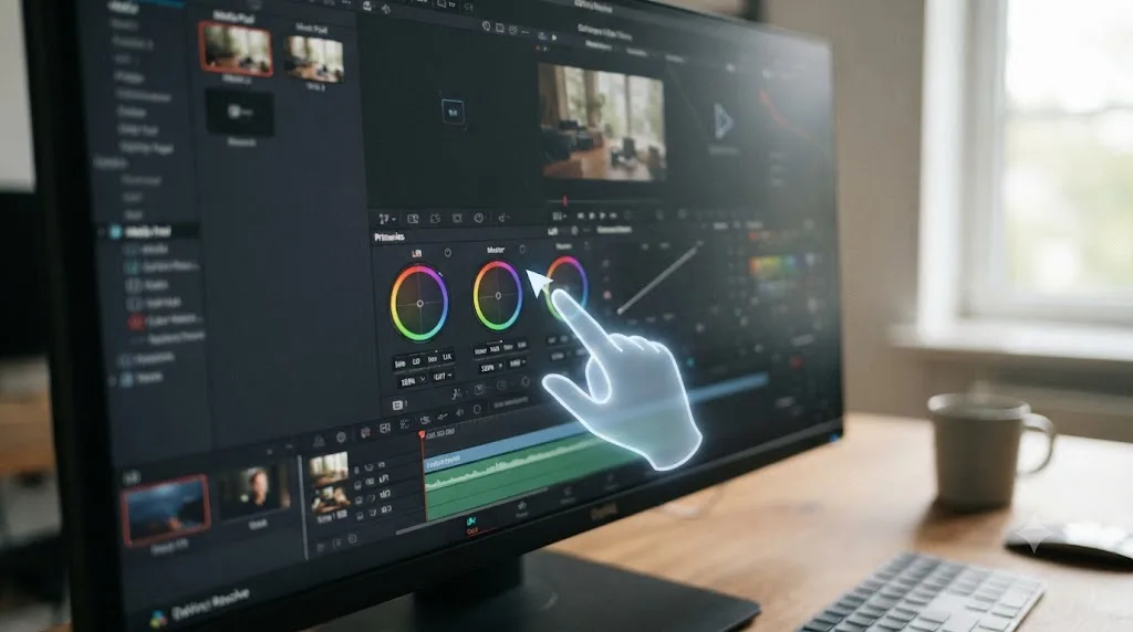 Illustration of an on-screen assistant pointing at a specific control inside DaVinci Resolve