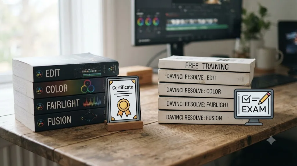 Illustration of a stack of free training book covers next to a certification exam icon