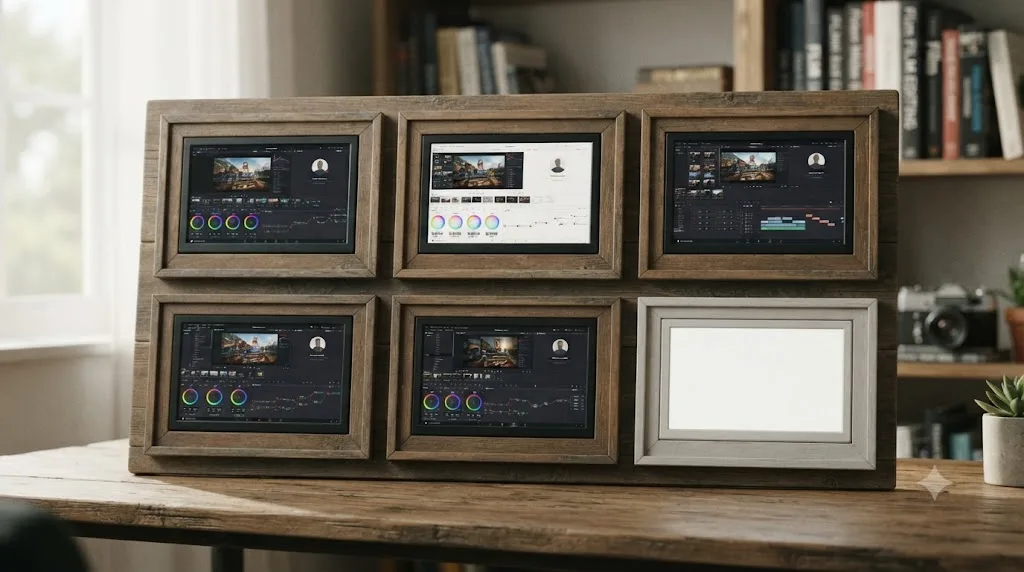Illustration of a comparison chart showing several branded DaVinci Resolve masterclass courses against one empty listing