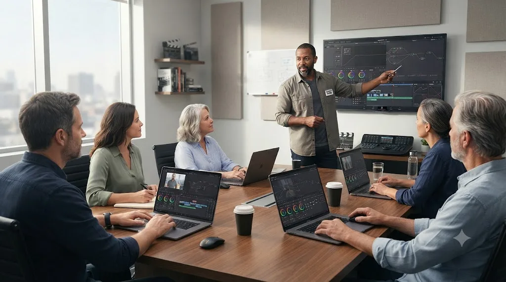Illustration of an in-person DaVinci Resolve training classroom with a certified instructor