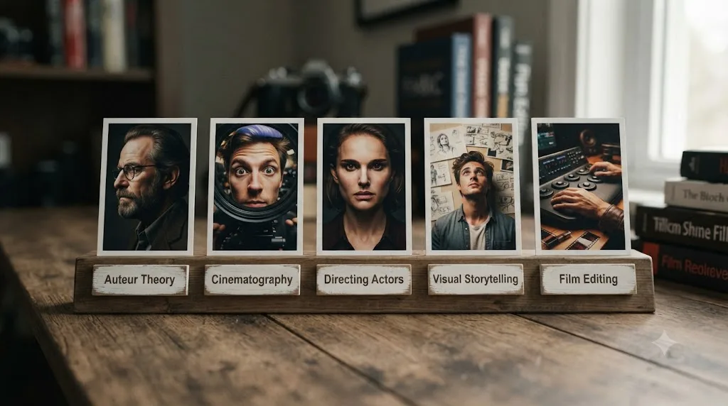 Illustration of five director-style thumbnails representing filmmaking topics with no DaVinci Resolve label among them
