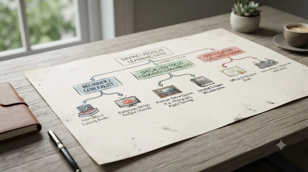 Illustration of a decision chart matching learner situations to different DaVinci Resolve learning resources