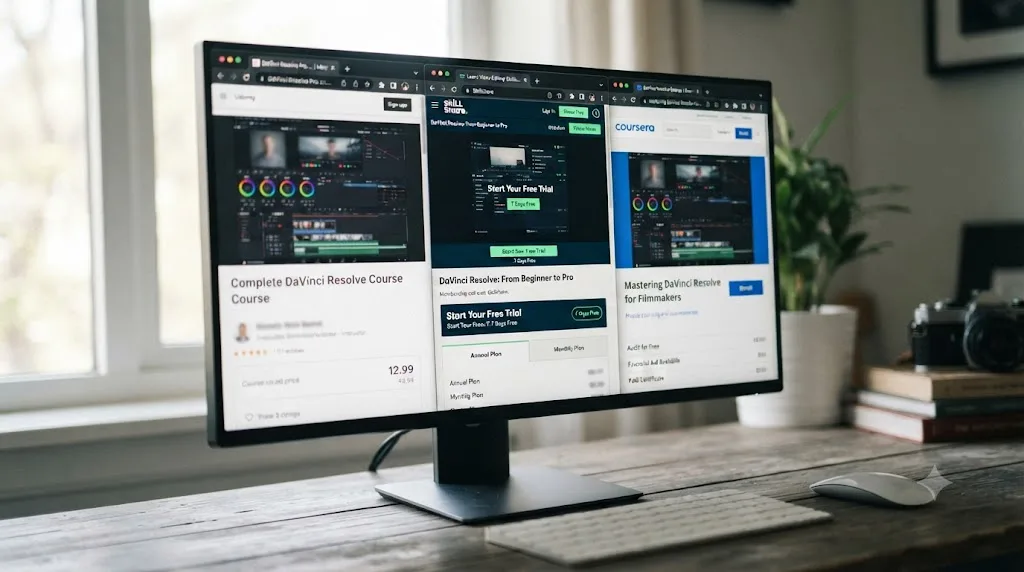Illustration of three browser tabs comparing Udemy, Skillshare, and Coursera pricing for a DaVinci Resolve course