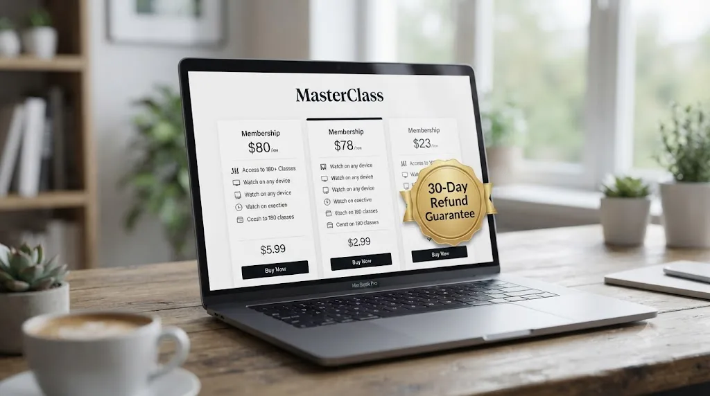 Illustration of a membership pricing page with a satisfaction guarantee badge