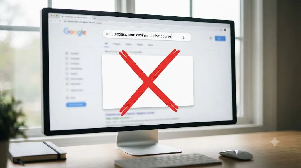 Illustration of a search bar asking about a DaVinci Resolve course on MasterClass.com with no result found