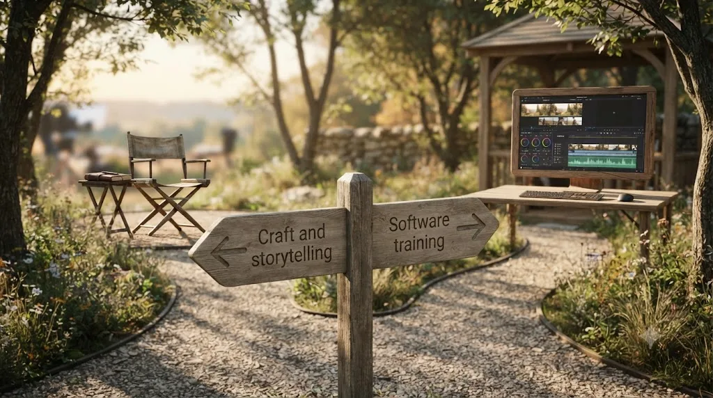 Illustration of two branching paths, one toward filmmaking craft and one toward software training