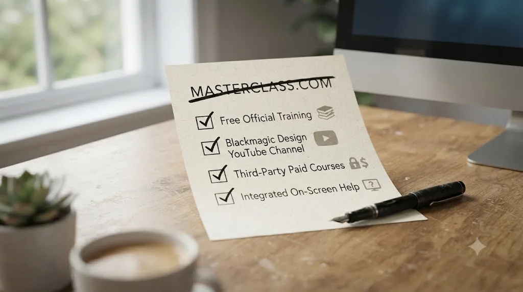Illustration of a checklist of real DaVinci Resolve learning resources with MasterClass.com crossed out