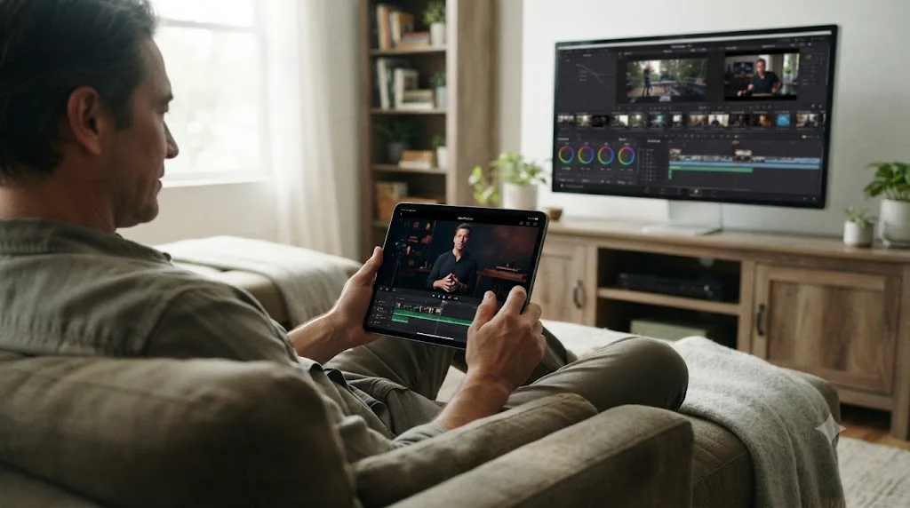 Illustration of a person watching a filmmaking class on a tablet beside an open DaVinci Resolve project on a monitor