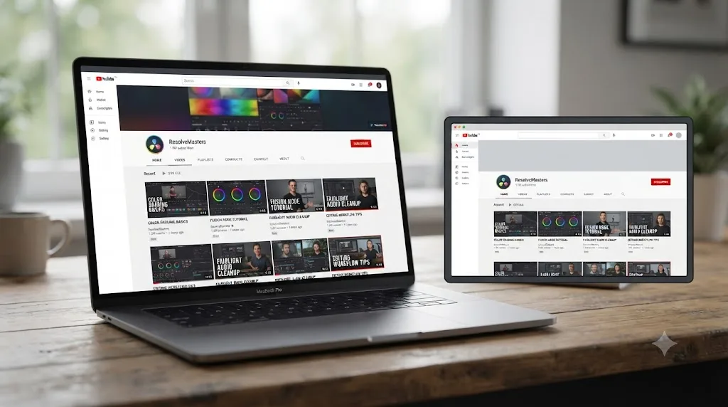 Illustration of a YouTube channel page with a subscriber count and recent DaVinci Resolve tutorial thumbnails