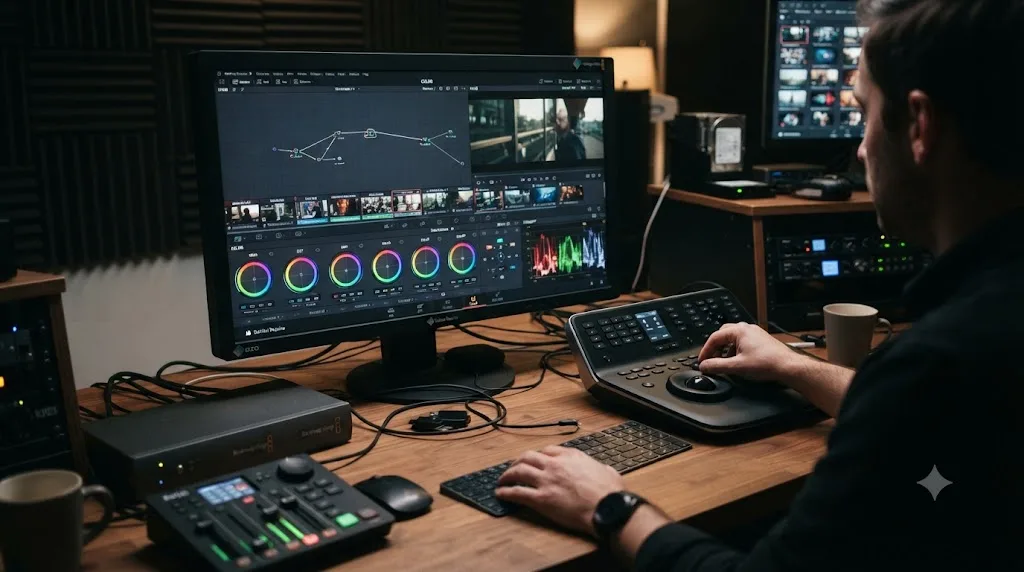 Illustration of DaVinci Resolve's pages with an AI agent's reach highlighted unevenly across Edit, Color, Fairlight, and Fusion
