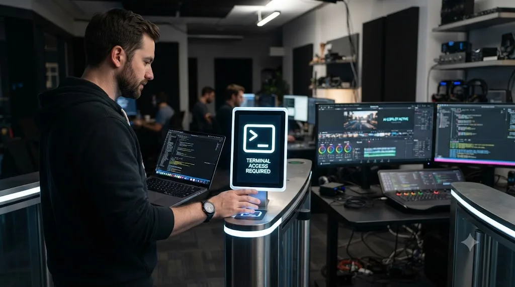 Illustration of a terminal icon acting as an entry gate before accessing an AI copilot for DaVinci Resolve