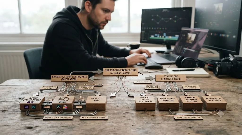 Illustration of the Cursor-for-video-editing concept branching into bridge tools for existing editors and standalone AI-native editors