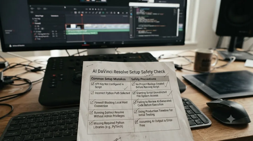 Illustration of a checklist of common mistakes when trying an AI-connected DaVinci Resolve tool for the first time