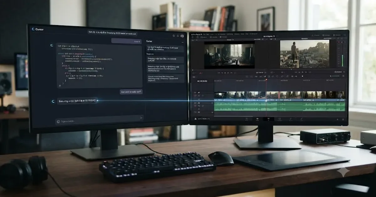 Illustration of a Cursor-style AI chat panel connected to a DaVinci Resolve timeline through a network bridge