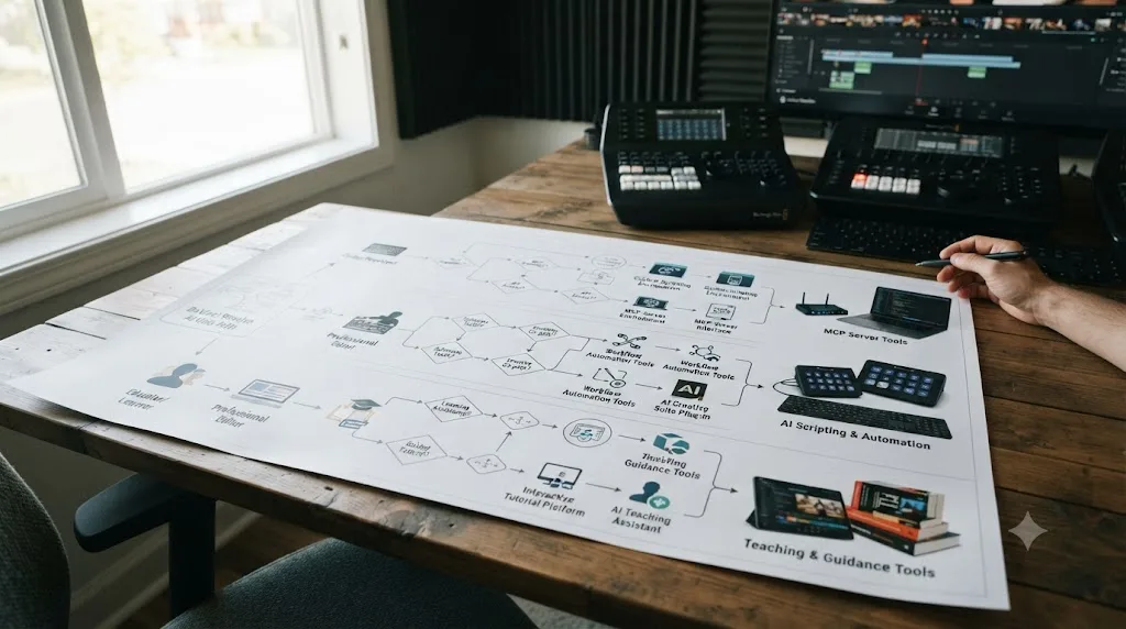 Illustration of a decision flowchart matching different reader profiles to the right AI tool for DaVinci Resolve
