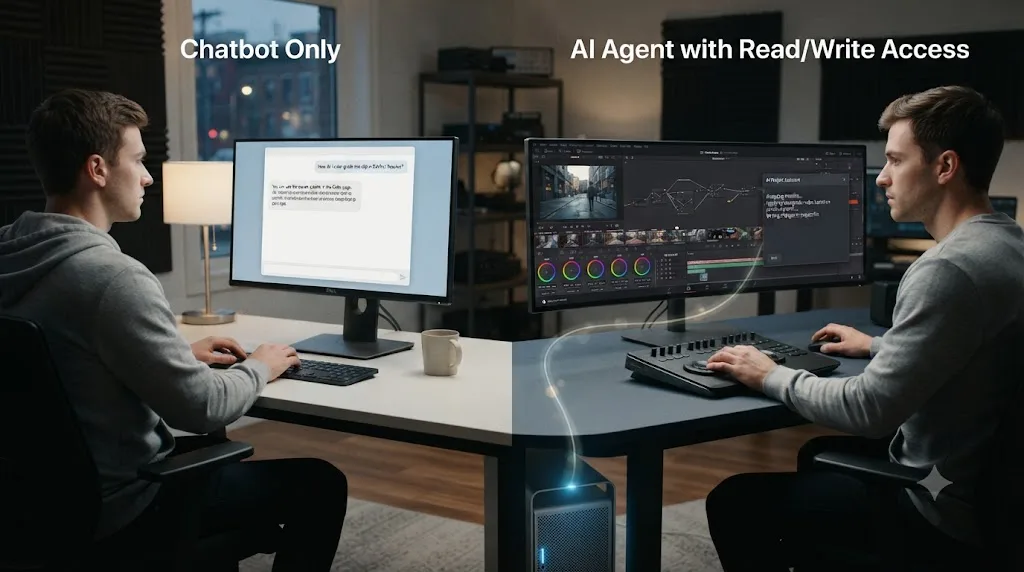 Illustration contrasting a chatbot that only answers questions with an AI agent that directly reads and writes a project