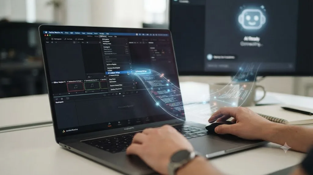 Illustration of a bridge script launching from DaVinci Resolve's Scripts menu to connect to an external AI assistant