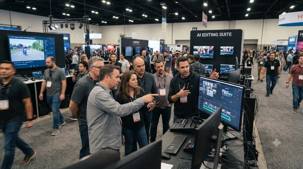 Illustration of a trade show floor with AI editing tool booths and editors watching live demonstrations