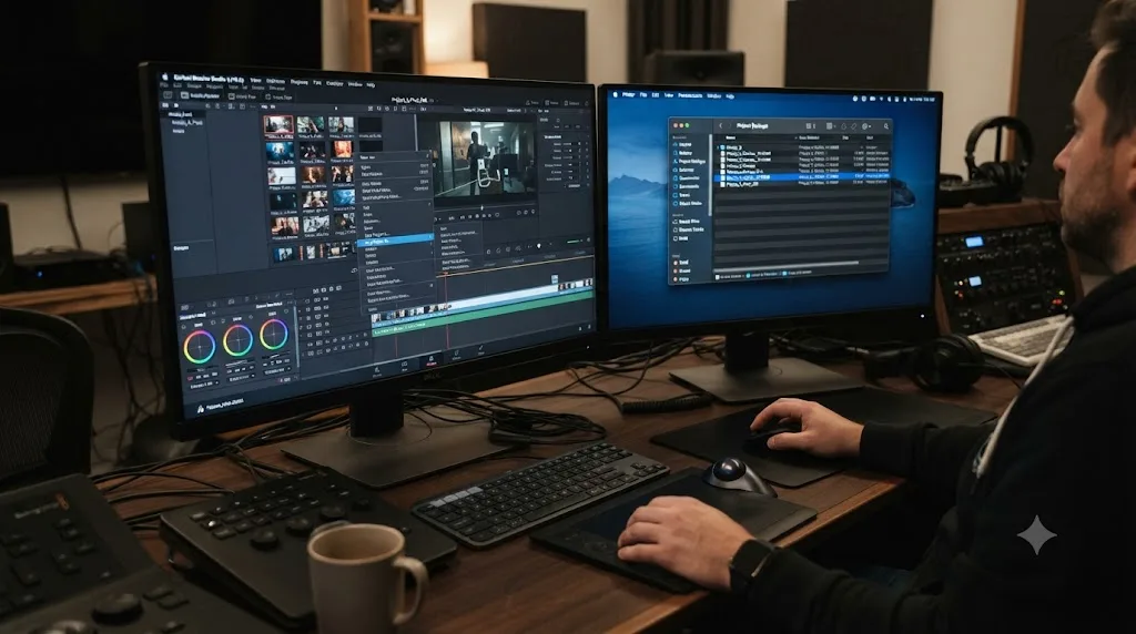 Illustration of a DaVinci Resolve project being duplicated as a safety backup before an AI agent edits it