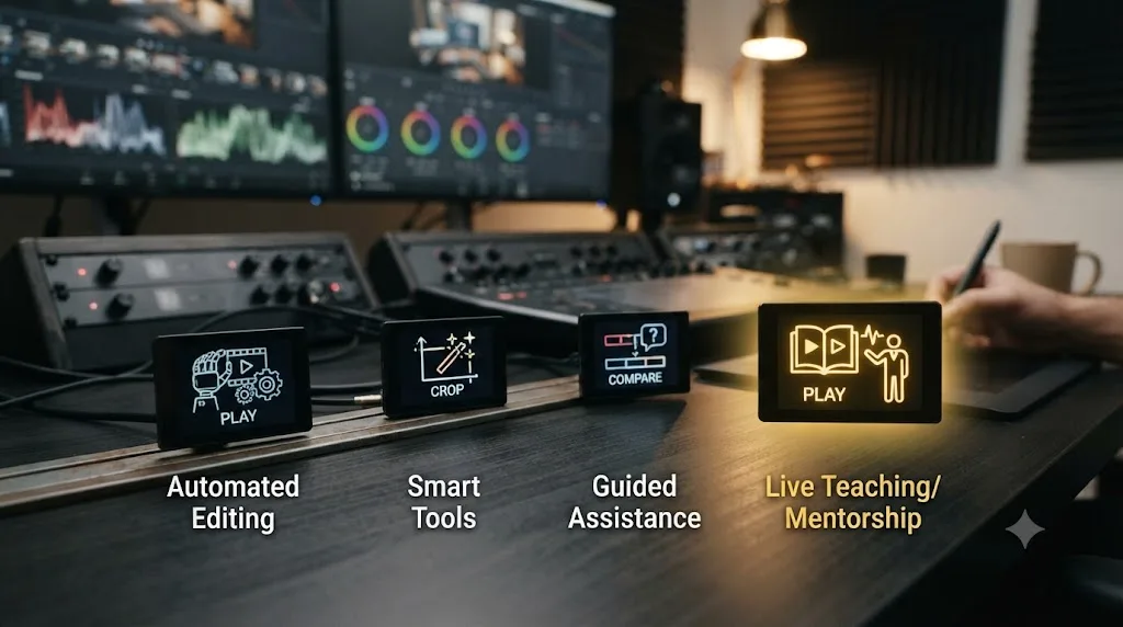 Illustration of AI DaVinci Resolve tools arranged on a spectrum from automated editing to live teaching