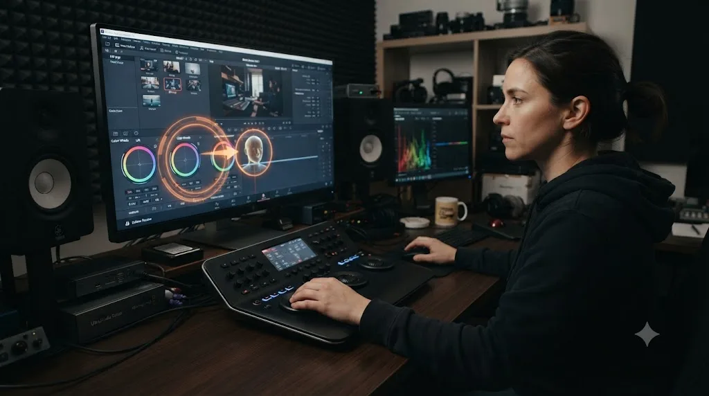 Illustration of an AI tutor pointing at a control inside DaVinci Resolve while an editor continues working