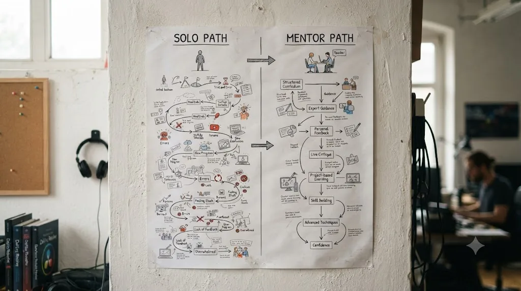 Illustration of a comparison chart contrasting solo DaVinci Resolve learning paths with mentor-style paths