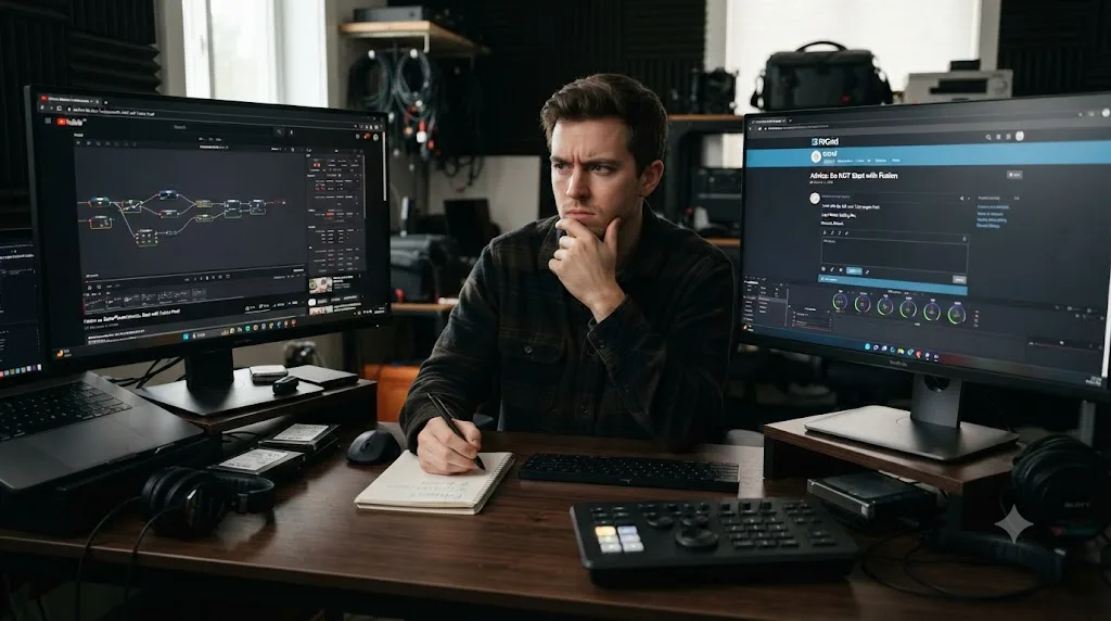 Illustration of conflicting DaVinci Resolve advice from two sources being weighed against each other