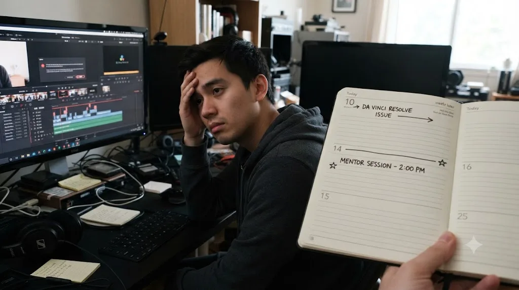 Illustration of the scheduling gap between getting stuck in DaVinci Resolve and a booked mentor session