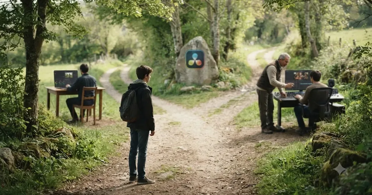 Illustration of two paths branching from a DaVinci Resolve icon, one showing a person learning alone and the other guided by a mentor figure