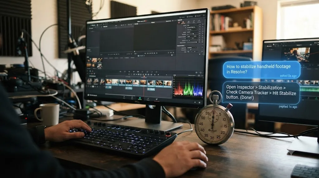 Illustration of the gap between a DaVinci Resolve question and an instant answer, shown as a stopwatch closing
