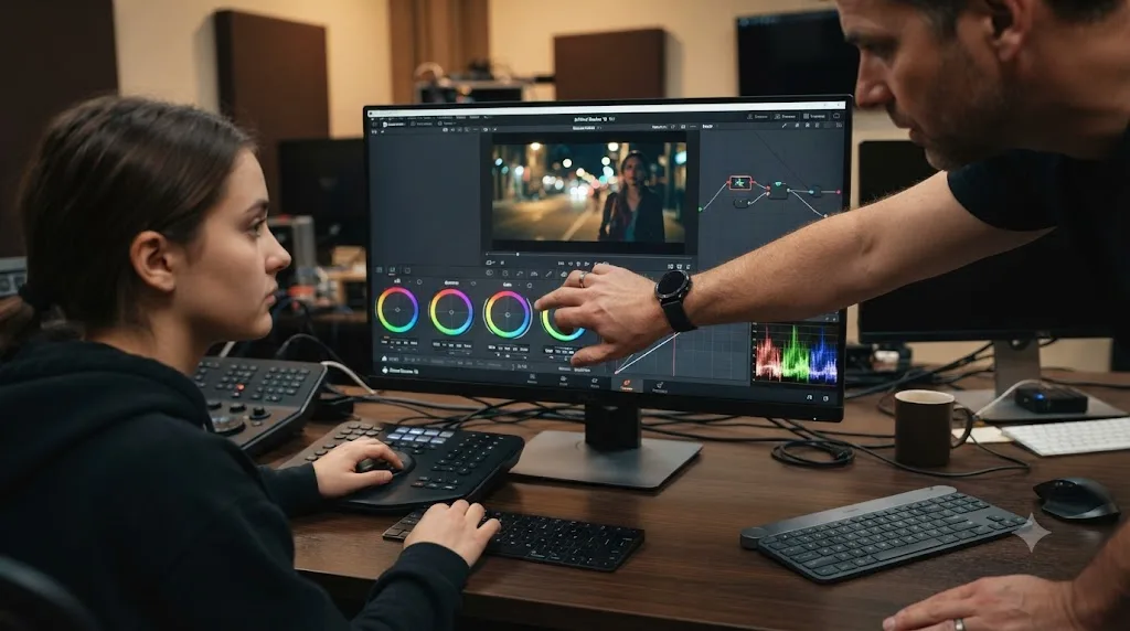 Illustration of a mentor correcting a color grading mistake live on a DaVinci Resolve screen