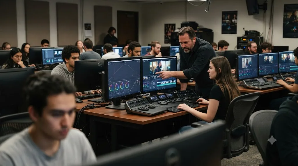Illustration of a film school classroom with students learning DaVinci Resolve color grading under an instructor