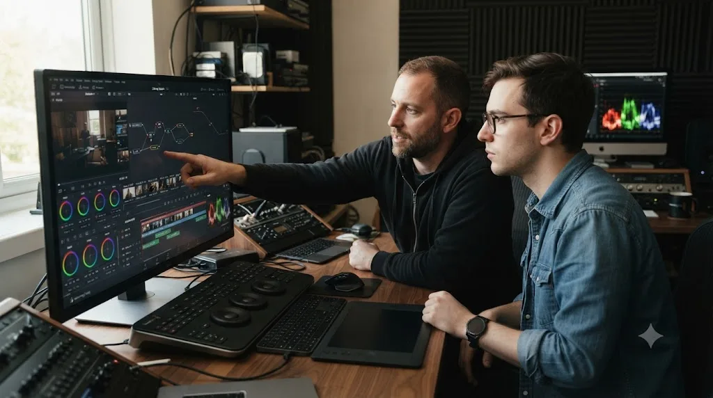 Illustration of an informal one-on-one DaVinci Resolve mentoring session between two editors