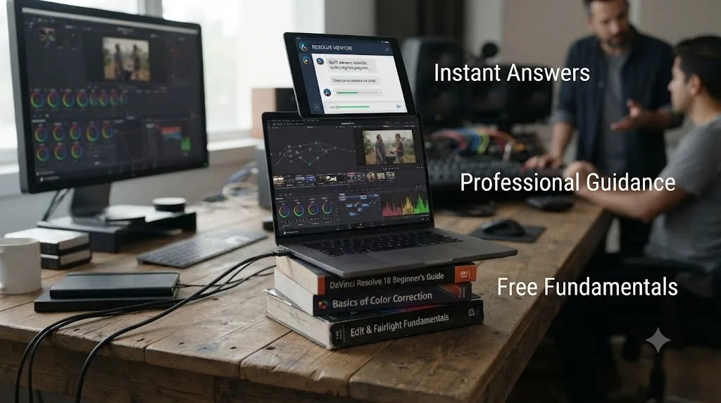 Illustration of a hybrid DaVinci Resolve learning path stacking free fundamentals, professional guidance, and instant answers