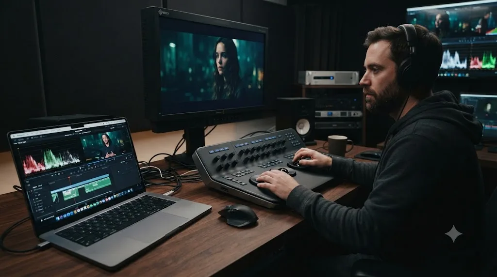 Illustration comparing a paused DaVinci Resolve video course lesson to hands-on live grading work